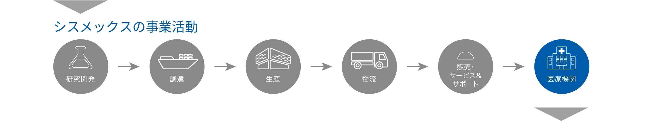 シスメックスの事業活動を示す図。研究開発、調達、生産、物流、販売・サービス＆サポートから医療機関へとつながる工程。