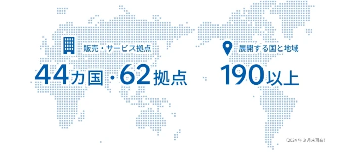 販売・サービス拠点 44ヵ国・62拠点 展開する国と地域 190以上（2024年3末現在）